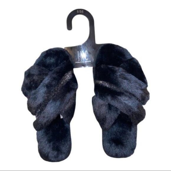 INC Black Faux-Fur Crossband Slippers Slides Women's Extra Large 11-12 New - Picture 2 of 3